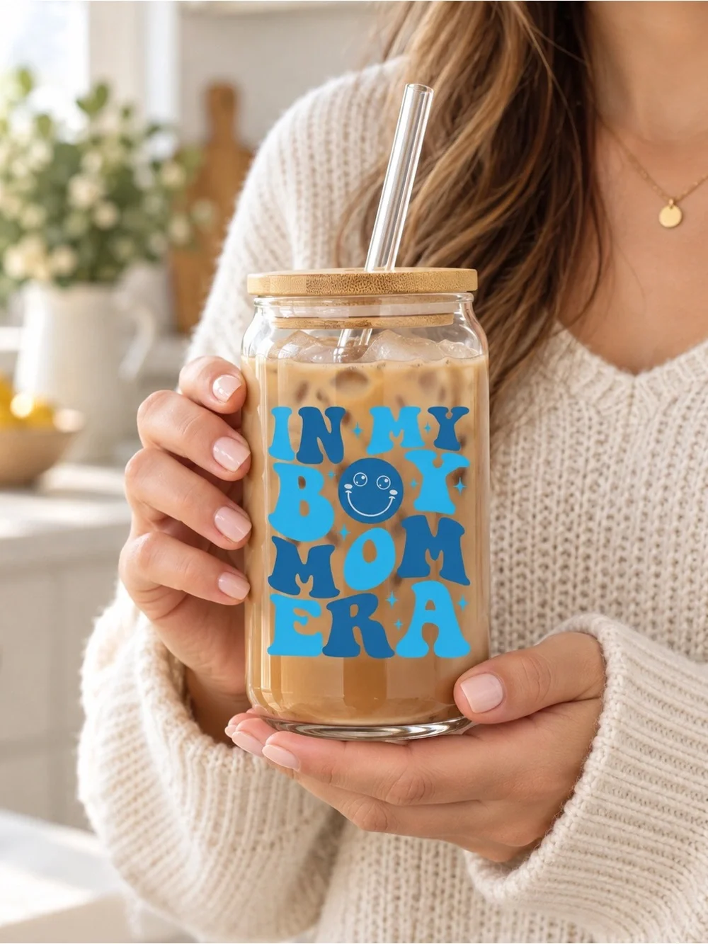 Reusable Drink Jar with Blue 'In My Boy Mom Era' Design 🦋
